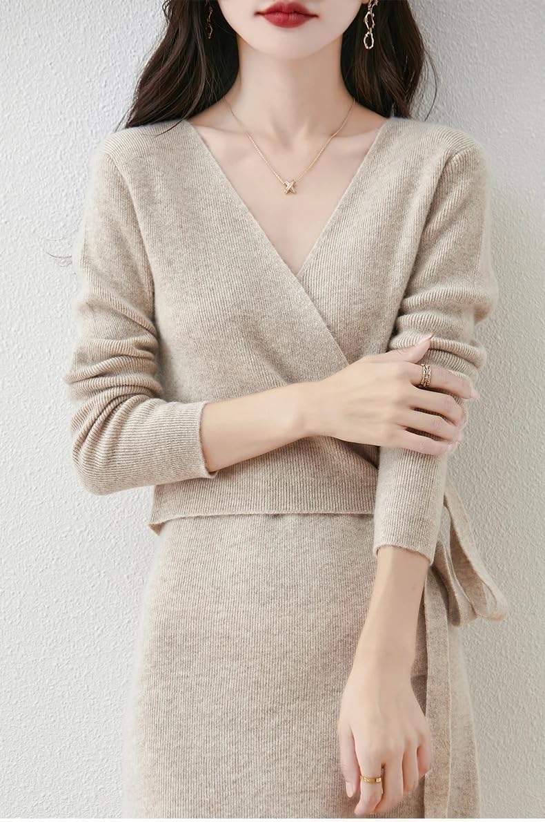 Women V-Neck Wool Dress Sweater Autumn Winter Lace-Up Long Sleeve Pullover Knit Skirt Office Lady Knitwear