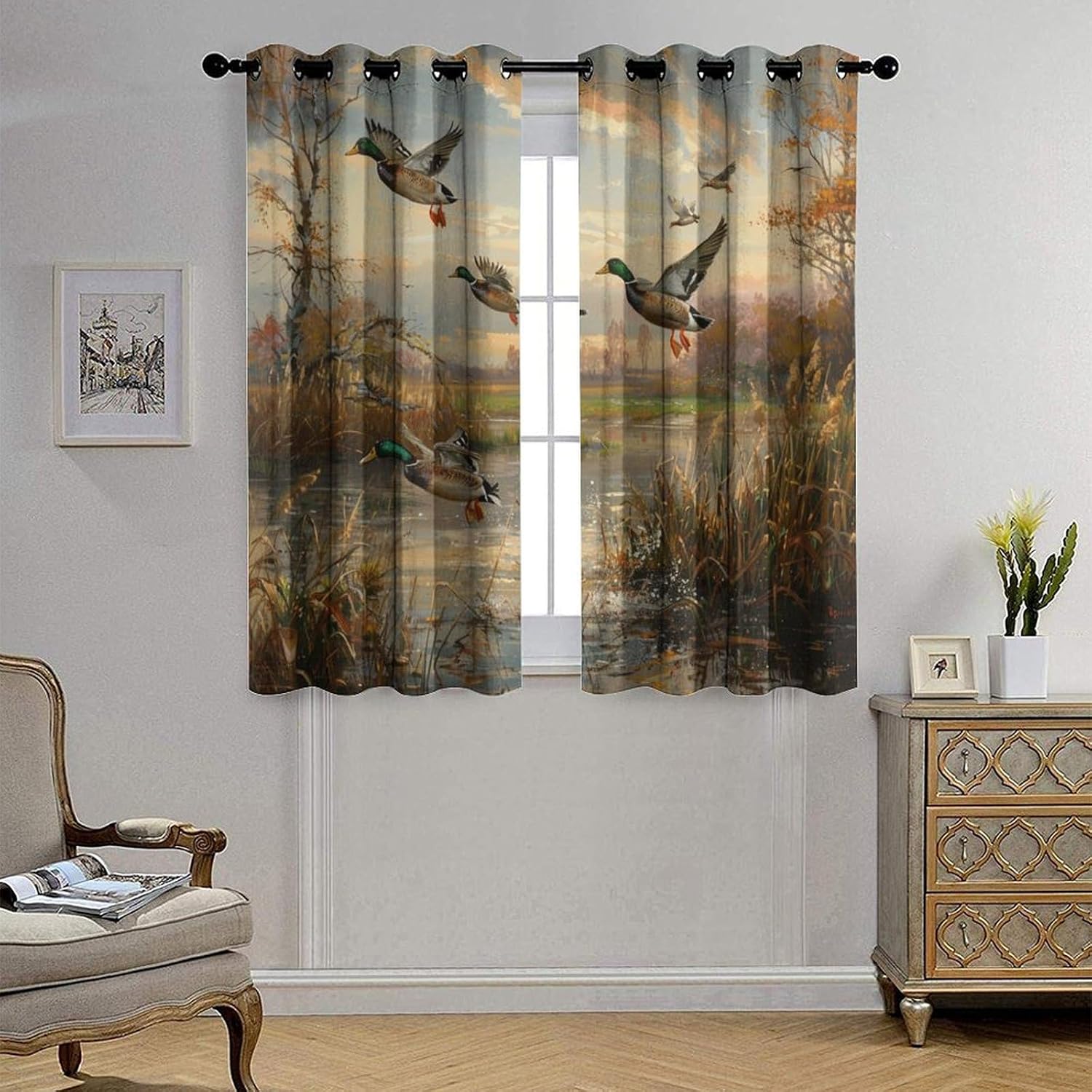 Farmhouse Mallard Duck Grommet Blackout Curtains for Bedroom, Retro Jungle Reed Lake Thermal Insulated Curtains Room Darkening Window Drapes, 21W x 45L, 2 Panels