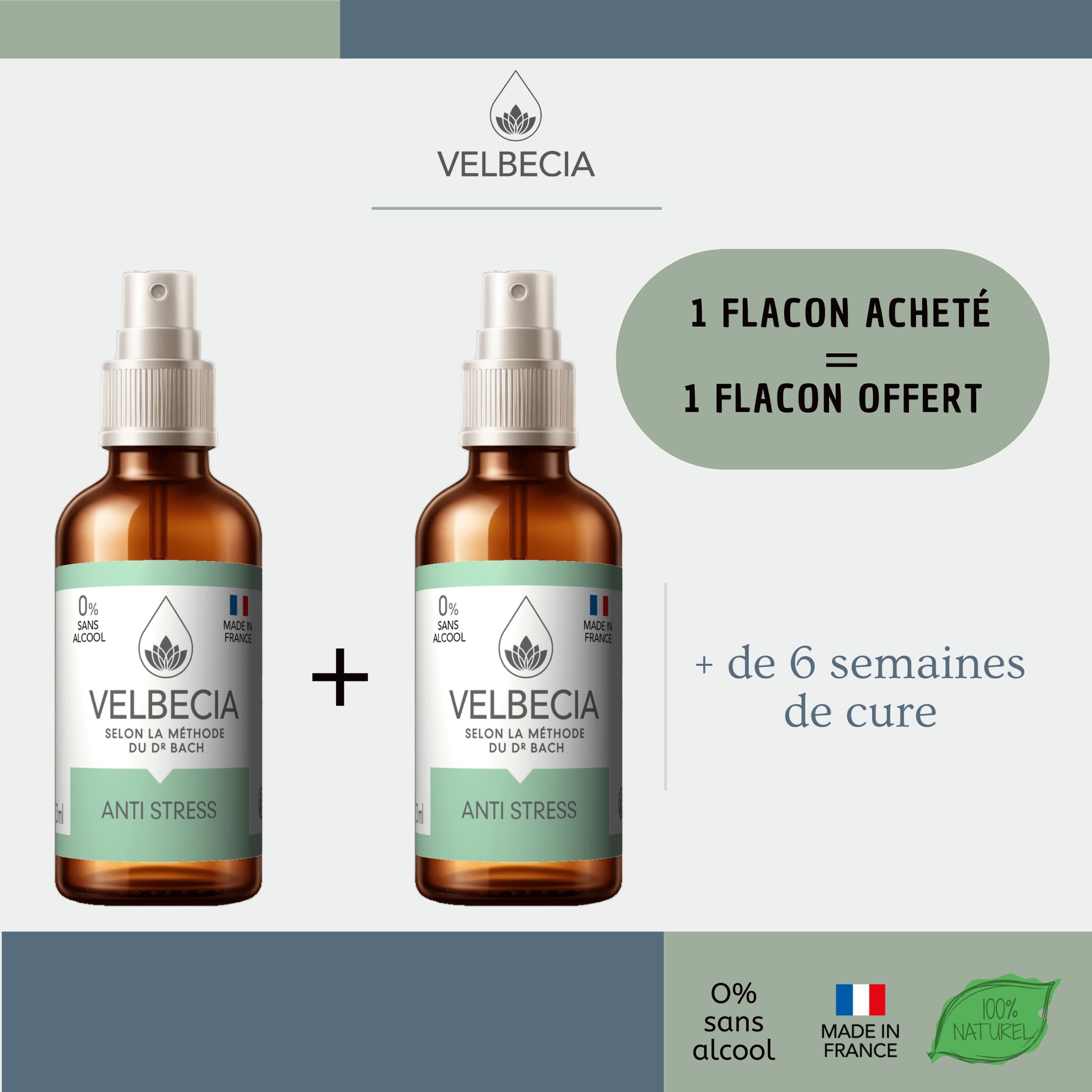 Velbecia® Anti stress 30 ml +1 OFFERT Essences florales – SANS ALCOOL – Méthode du Dr Bach - Crise d'angoisse, Anxiété, burn out, dépression, déprime, fatigue, surmenage