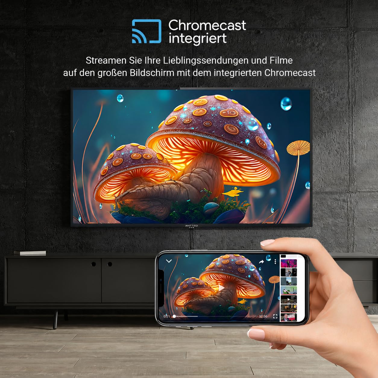 Antteq AG32H3 Smart TV 32 Zoll Bluetooth (Fernseher 80 cm) Android TV mit WLAN, Sprachassistent, Triple Tuner (DVB-C/S2/T2), Google Play Store (DAZN/Netflix/Prime Video), WiFi