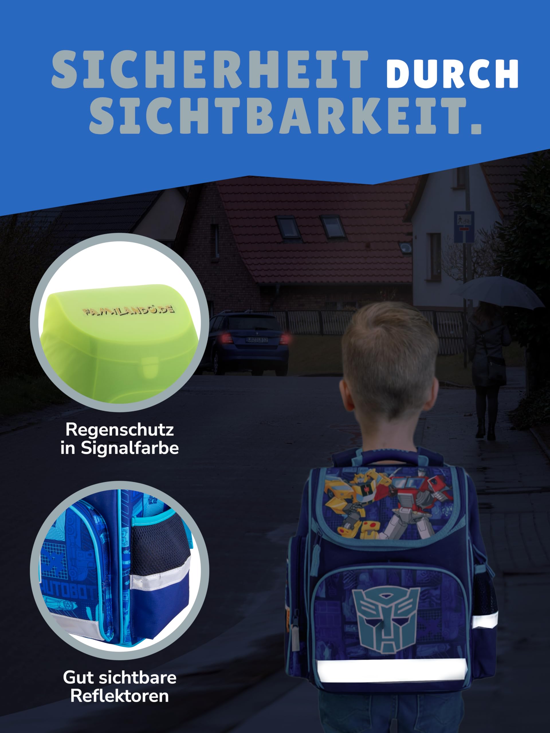 Familando - Schulranzen Set - 9-teilig mit Lunch-Set - Transformers - Ergonomisch, stabil & mit gepolstertem Rücken - 930g leicht - 15L Volumen - Mit Reflektoren - Für Grundschule ab 1. Klasse