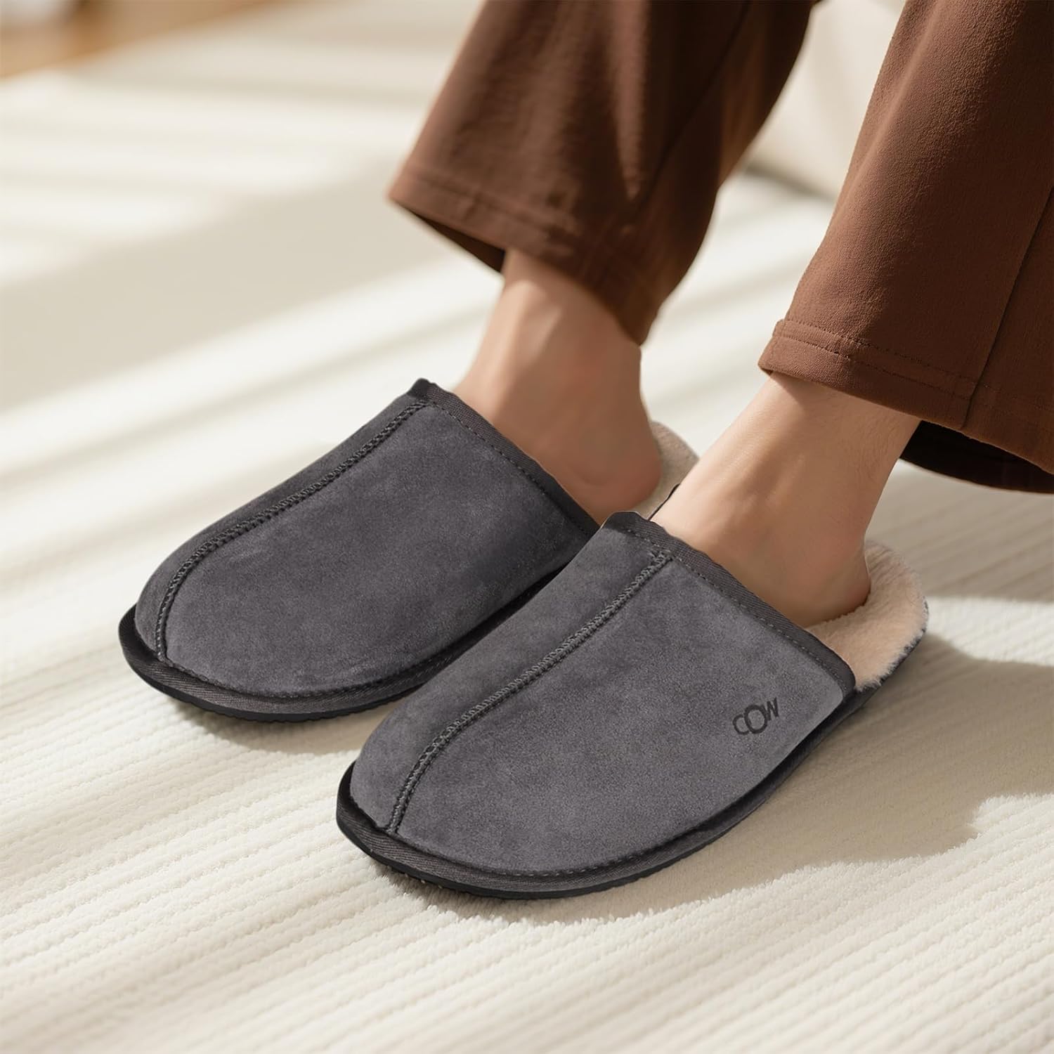 OOW Mens Slippers Genuine Suede House Slippers for Men Cozy Fuzzy Memory Foam Shoes Outdoor Non-Slip Fall Winter Footwear - Image 2