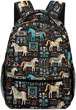 Aztec Horse Backpack for Kids, Ethnic Tribal Horse Print Bookbag, Large Capacity Travel Laptop Elementary Middle School Backpack, Blue Black, 16.5