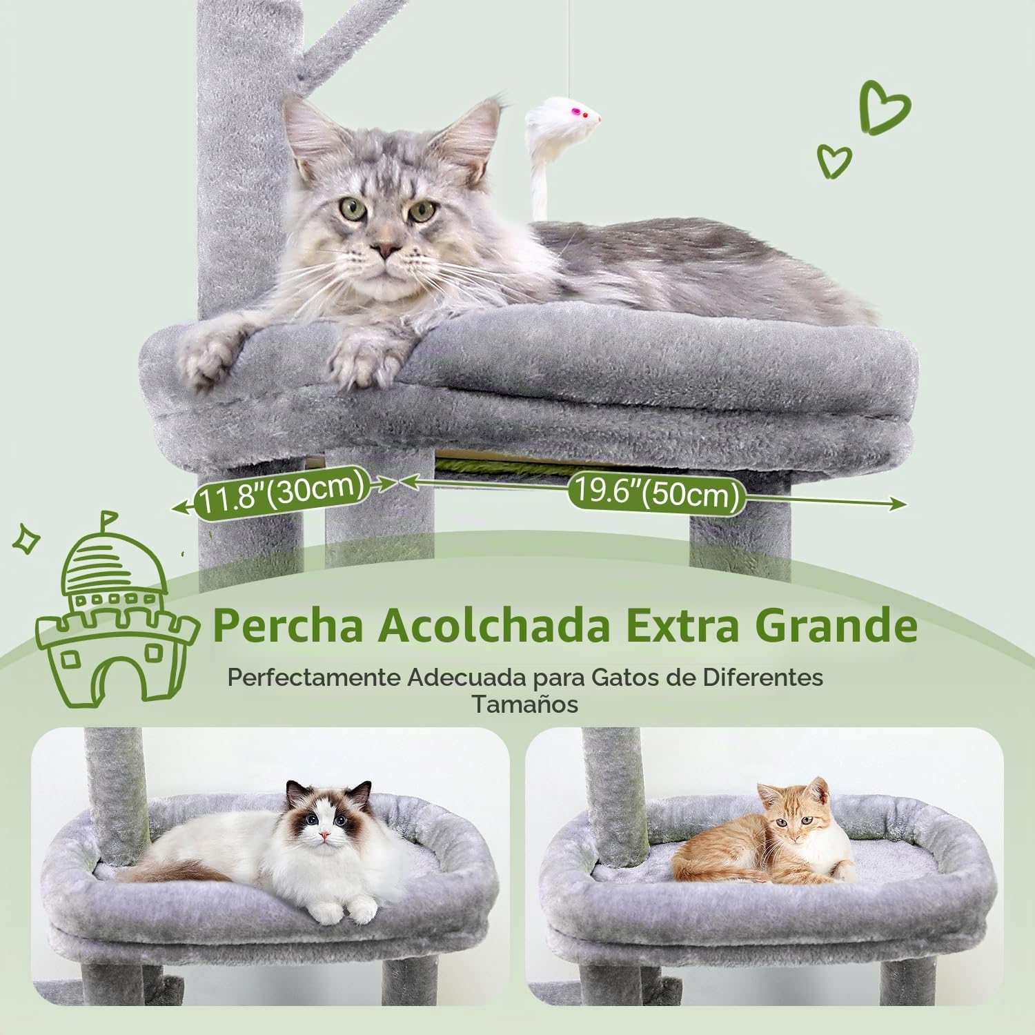 Globlazer Árbol Rascador Estable con 2 Grandes Base, 2 Casas Giratorias 90°, Plataforma Acolchada, Pendiente de Sisal, Arbol Rascador para Grande Gato Ancianos Gatitos Interior (F50, Gris Claro)
