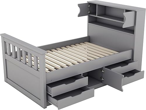 Miniatura 5 de HoRunzelin Marco de cama moderno de madera de pino de tamaño individual con estantería lateral y 2 cajones de almacenamiento diseño práctico para