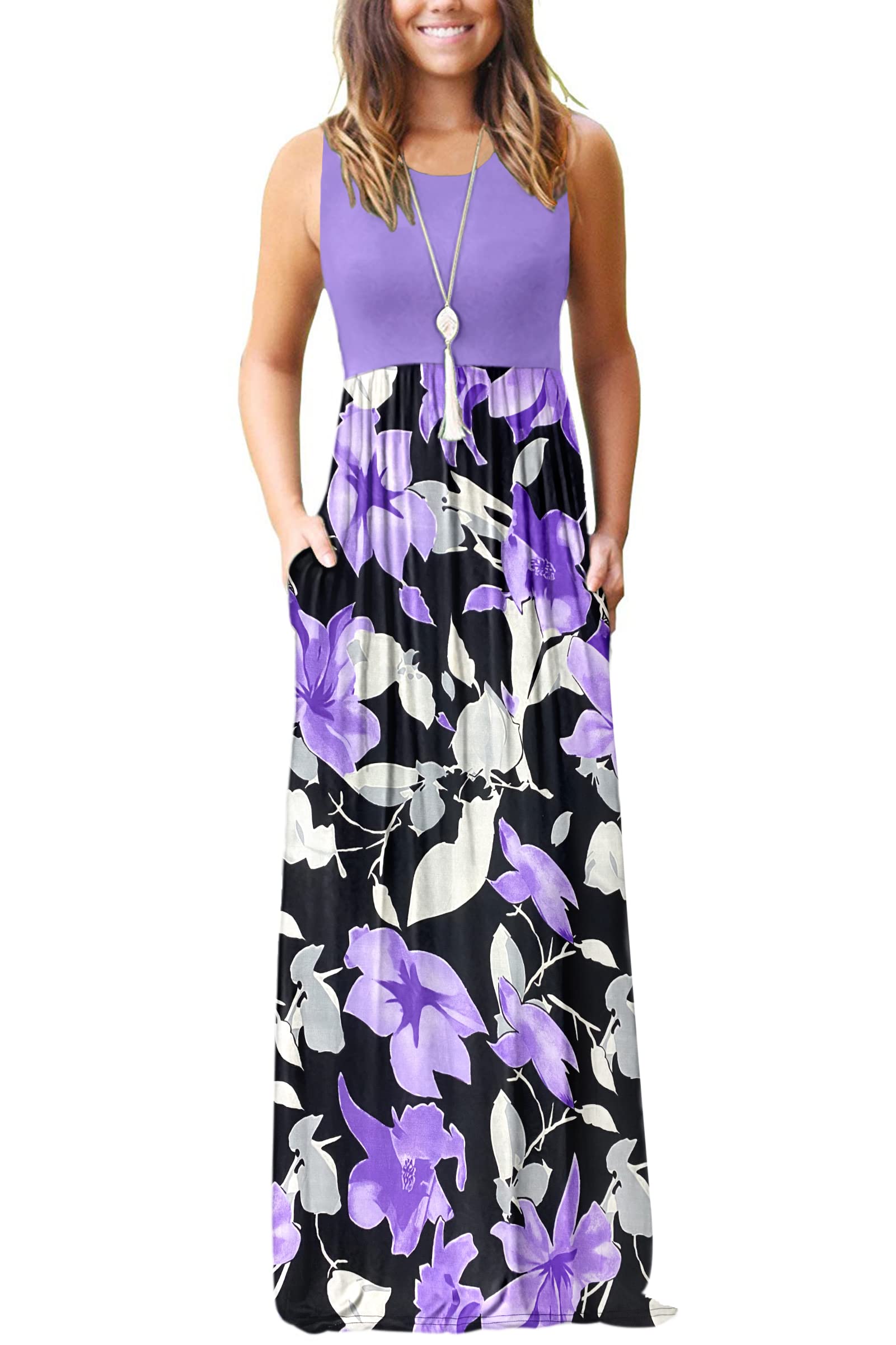 AUSELILY Women's Summer Sleeveless Loose Plain Casual Long Maxi Dresses | Year Round wear solid floral print, Casual daily wear, Empire waist, Floor length, Side pockets New