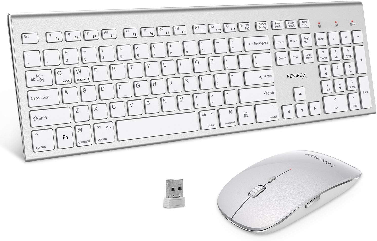 Wireless Keyboard and Mouse,FENIFOX Full-Size USB Dual System Switching Double Ergonomic Whisper-Quiet Compatible with PC Desktop Computer macOS Windows -Silver White