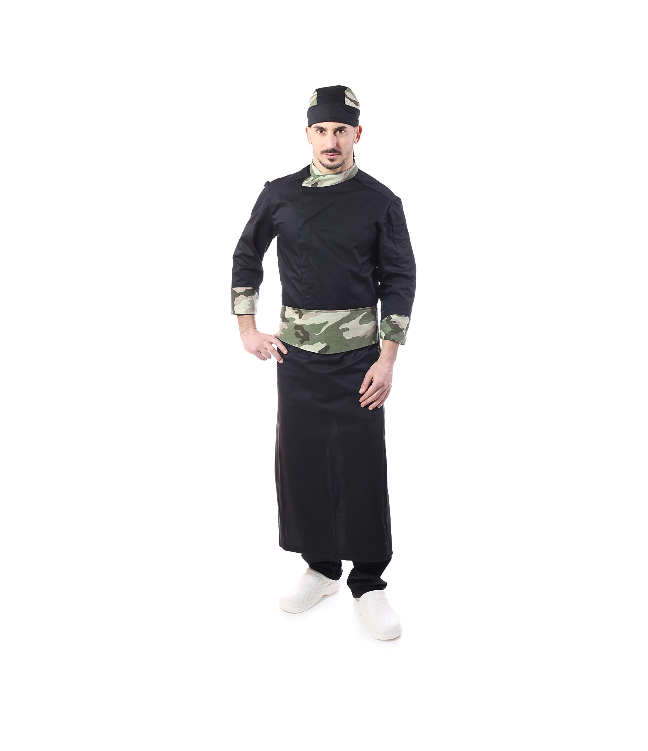 Ricamo Gratuito - Completo Cuoco e Chef Nero - Militare - Uomo - Doppio Collo - 4 PZ - Giacca, Pantalone, Davantino e Bandana - Divisa per Cucina e Ristorante - Made in Italy