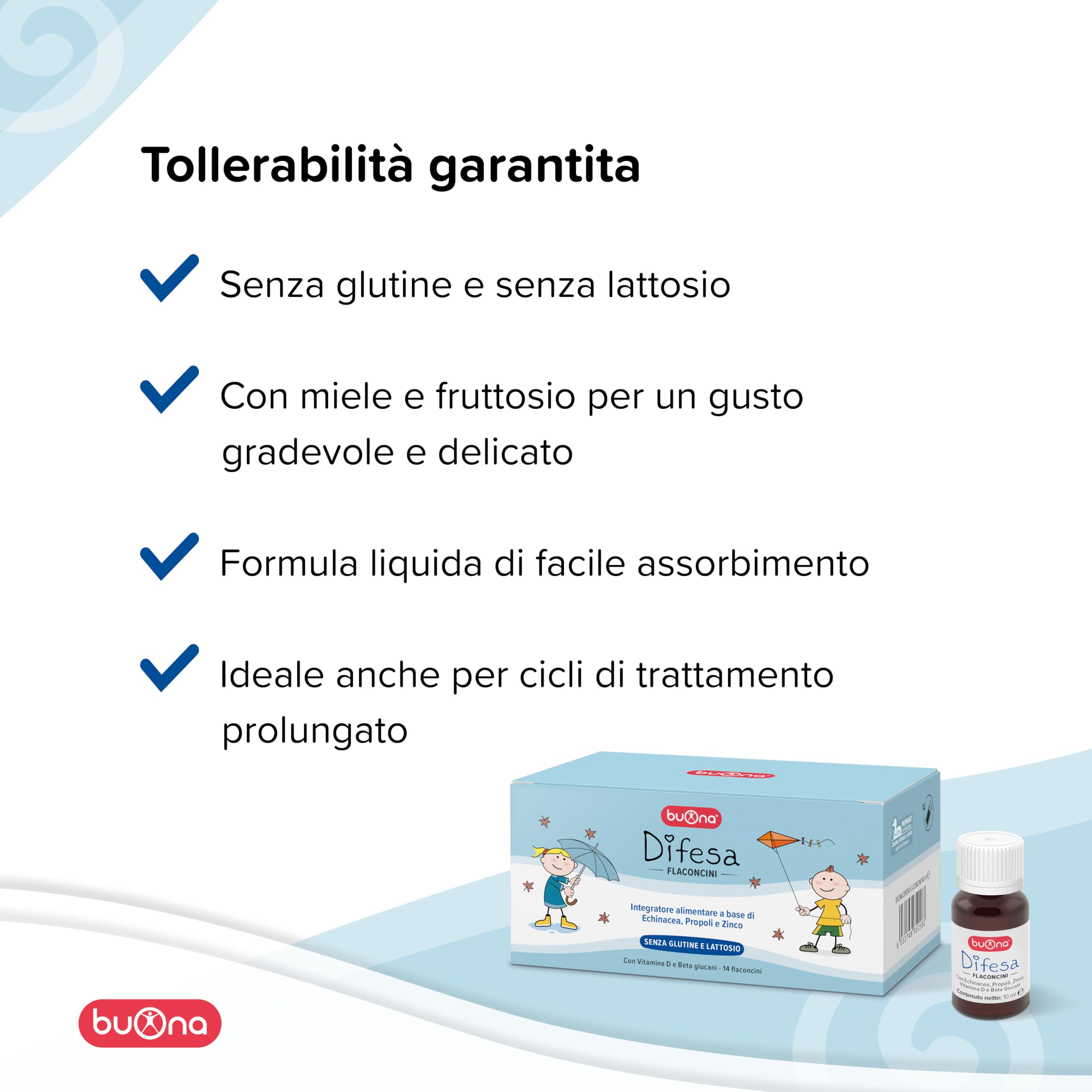Buona Difesa Flaconcini Bambini, Integratore per Difese Immunitarie Bambini con Echinacea, Propoli, Zinco, Vitamina D e Beta Glucani