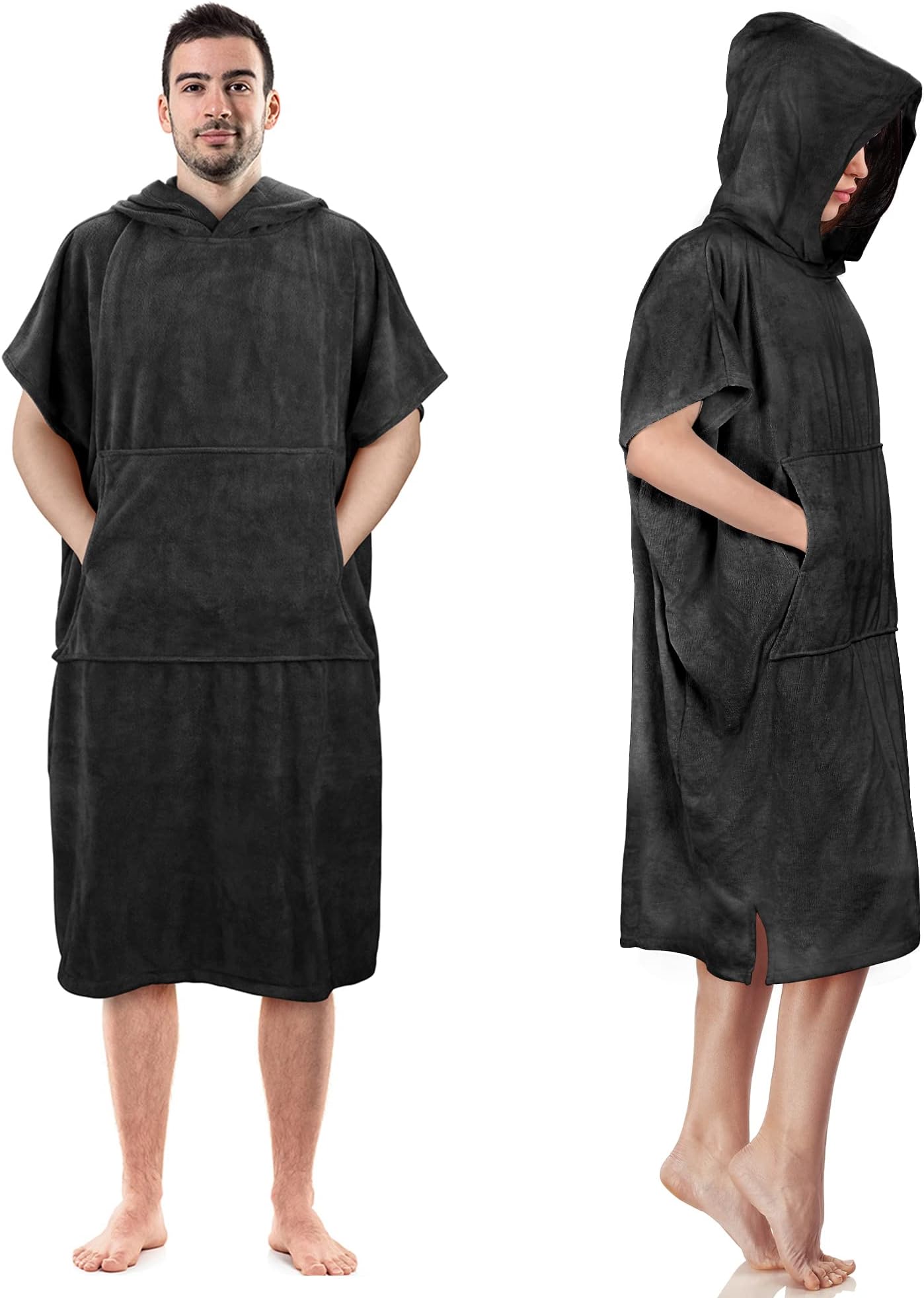 Tirrinia Microfiber Surf Beach Wetsuit Changing Towel with Hood, Super Absorbent Swim Robe Poncho for Men Women Bath Shower Pool (One Size with Pocket, Black)