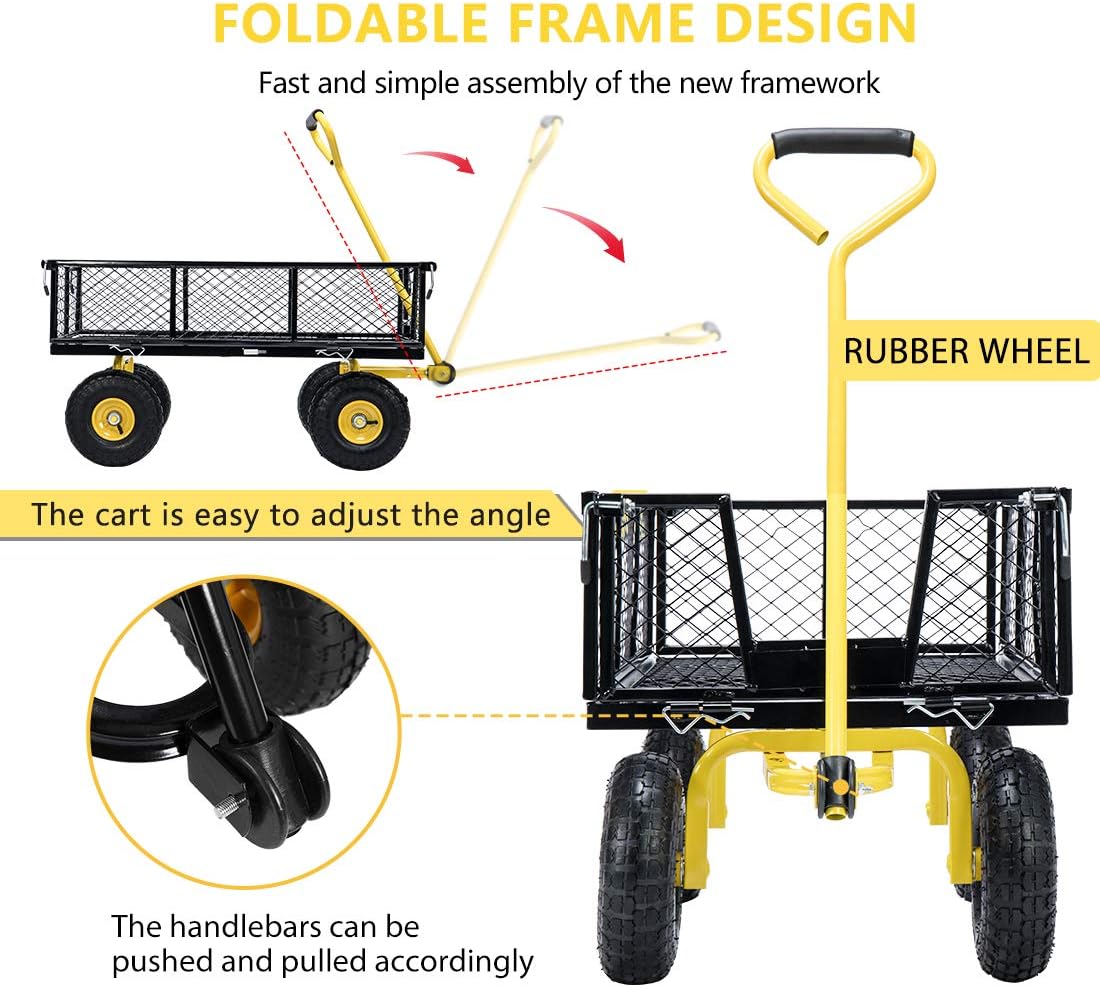 VIVOHOME Heavy Duty 1100 Lbs Capacity Mesh Steel Garden Cart Folding Utility Wagon with Removable Sides and 10 Inch Wheels (Black) : Patio, Lawn & Garden