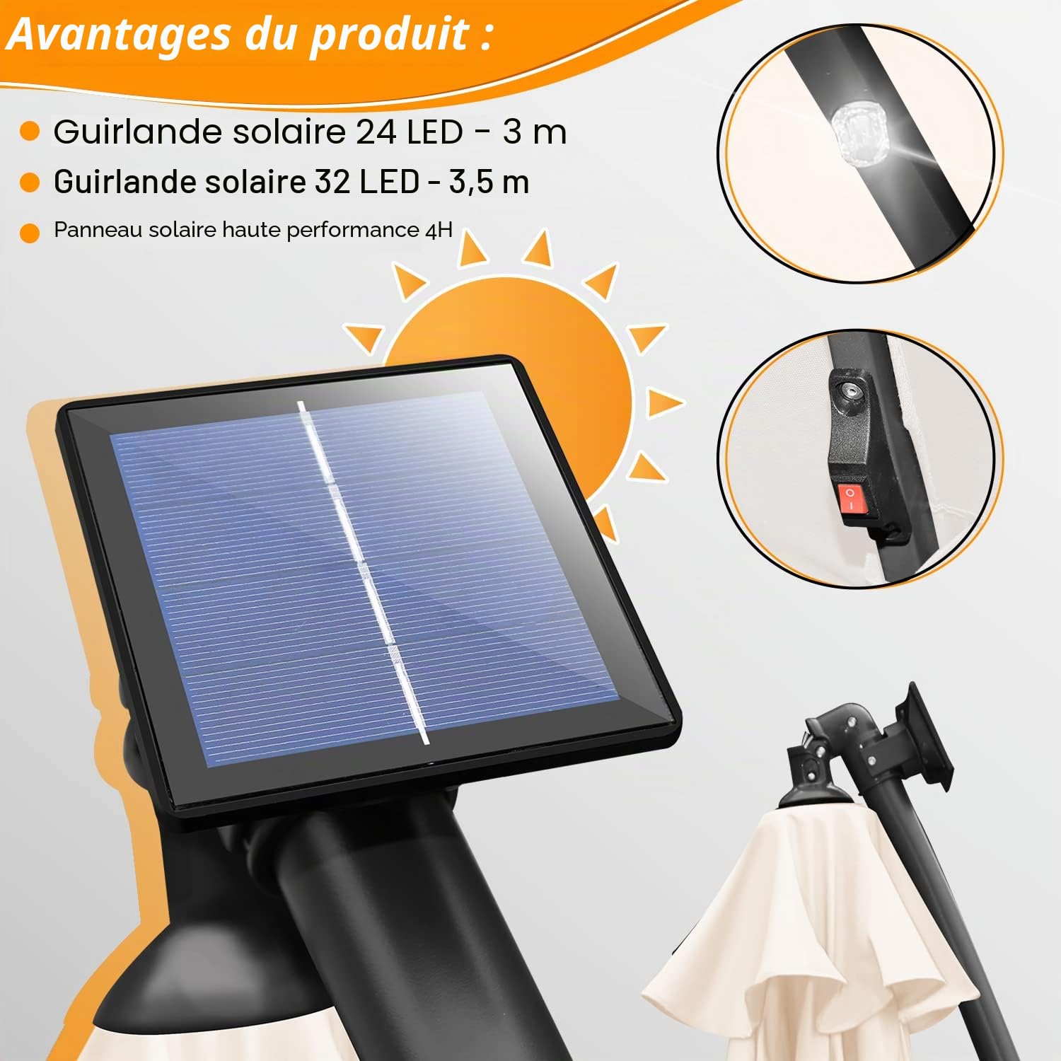 Fiqops Parasol solaire LED - Diamètre : 350 cm - Avec manivelle - En aluminium - Avec support - Protection solaire - Protection UV - En aluminium - Parasol de marché étanche pour le jardin