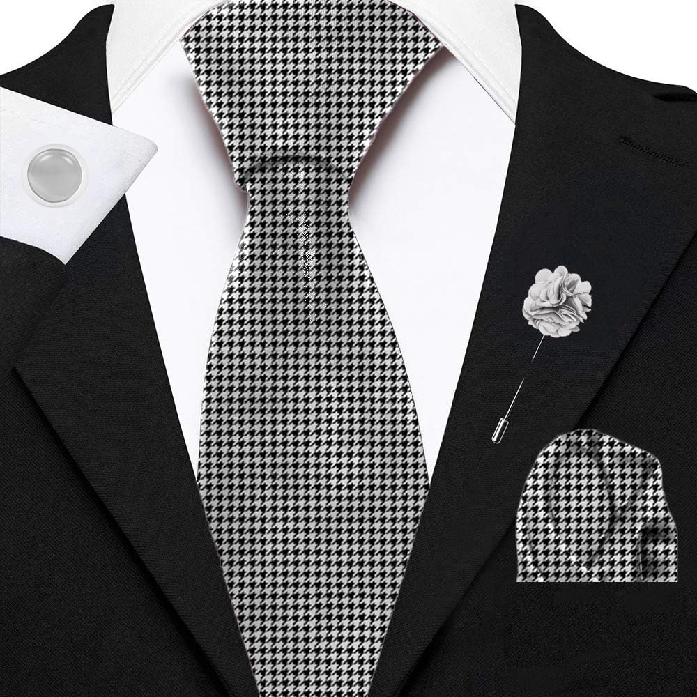BLACKSMITH Grey Houndstooth Printed Tie and Pocket Square Set for Men with Natural Stone Cufflink and Matching Flower Lapel Pin