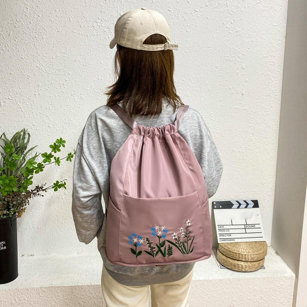 Krupanidhi Travel Drawstring Bag Waterproof Flower Print Foldable Embroidery Design Drawstring Backpack for Outdoor Lightweight Waterproof (pack of 1) (Pink) 3