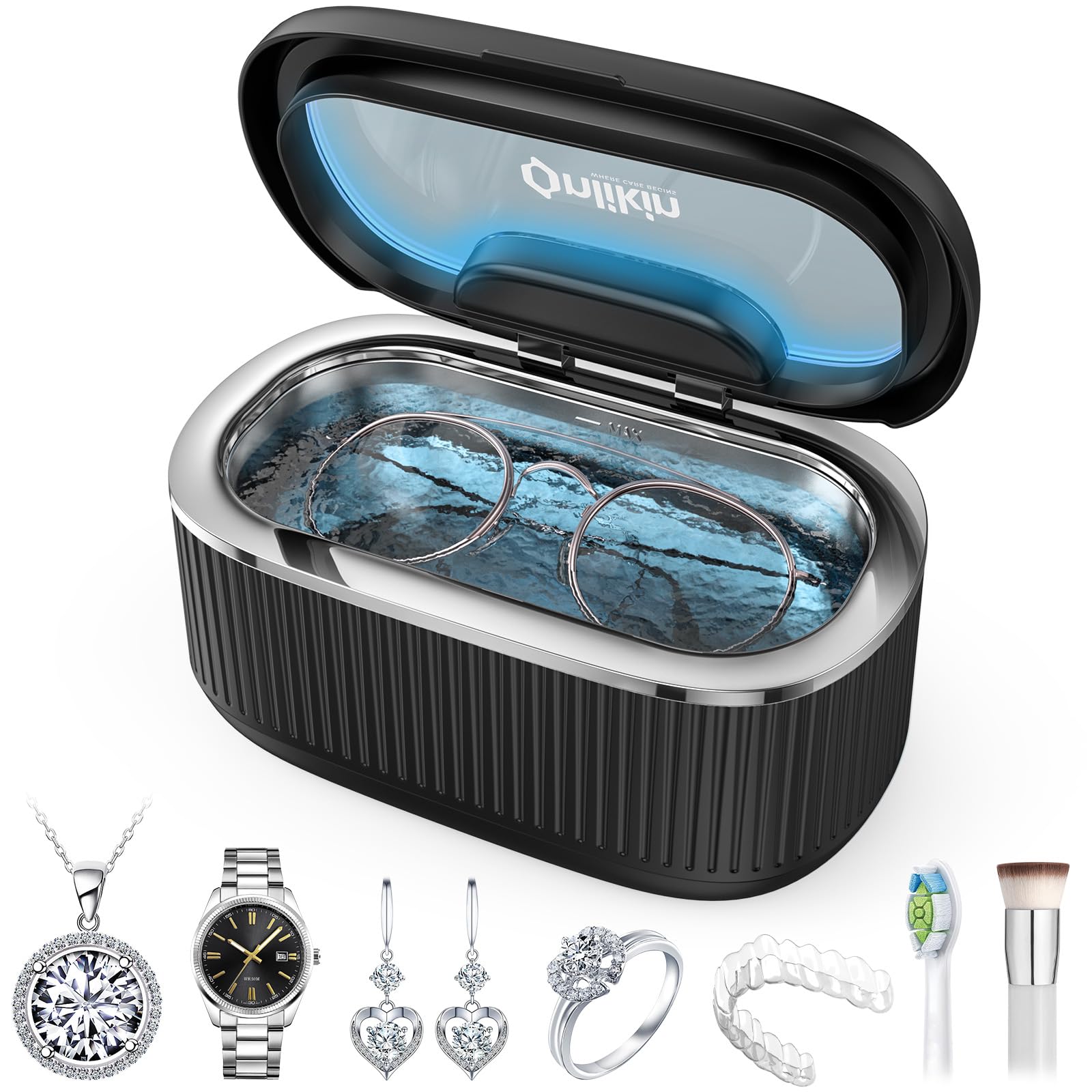 Limpiador ultrasónico para joyas, 35 W, 45 kHz, 5 temporizadores, 3 modos de potencia, gafas, anillos, correa de reloj, dentaduras postizas - 20 piezas