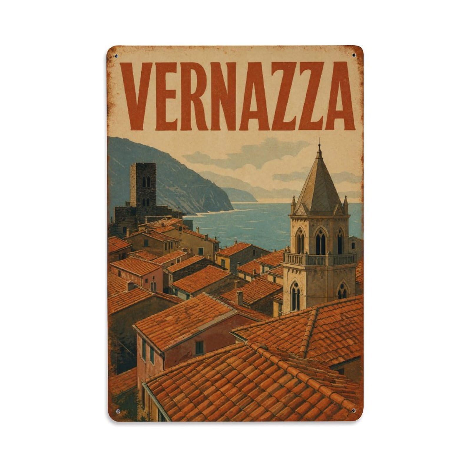 Huiyhb 8X12inch(20X30cm) Vintage Travel Vernazza Rooftops Terracotta Tiles Italy Metal Tin Sign