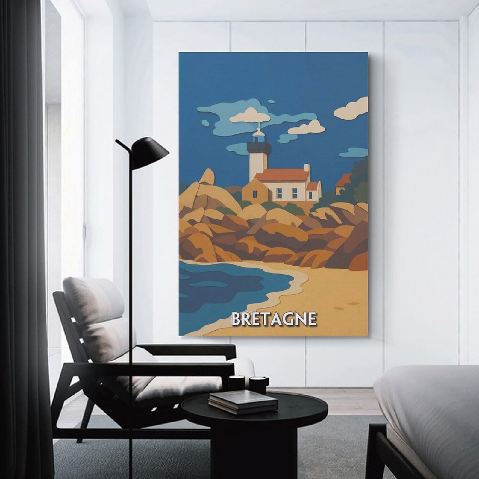 Junmoney Canvas Wall Picture Bretagne Coastal Lighthouse Illustration, 20x30inch(50x75cm), for Office, Study Or Home Workspace, Canvas Wall Decor for Creative Rooms