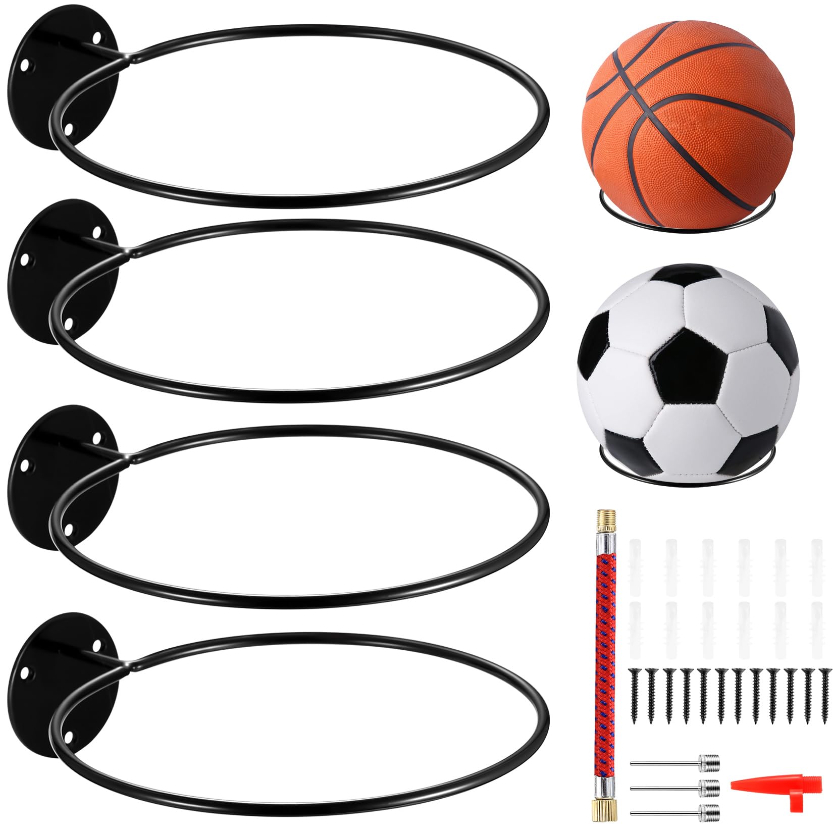 jiuxlaan 4 Pack Metal Football Wall Mount, Heavy Duty Powder‑Coated Wall Rack for Basketball, Volleyball and Rugby, 18.5 cm Diameter, Space‑Saving Display Storage with Screws and Pump Kit