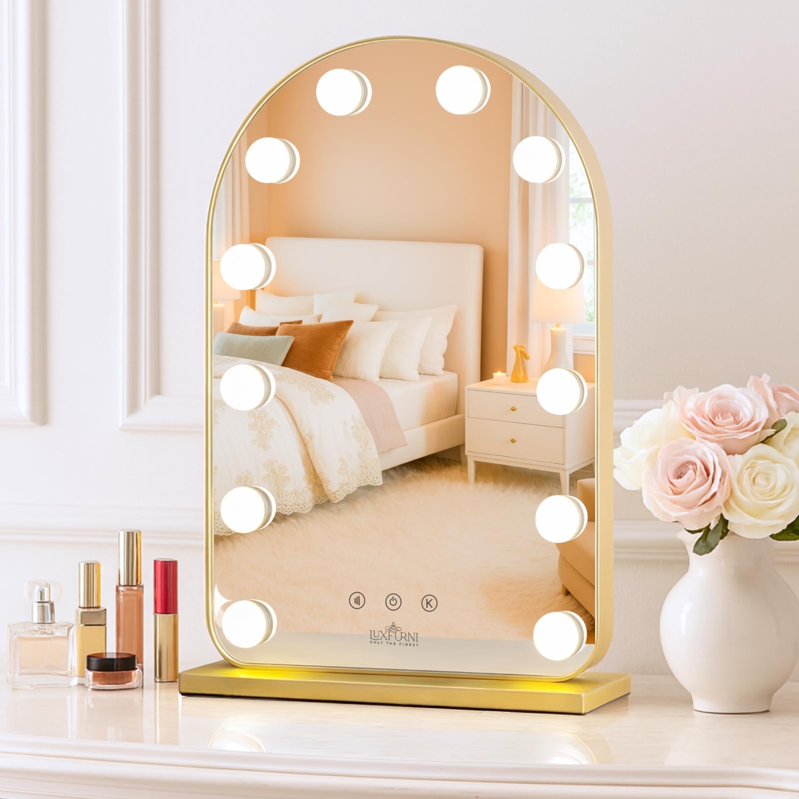 LUXFURNI Vanity Mirror with Lights, 20.5" L x 13" W Arched LED Makeup Mirror, Lighted Makeup Mirror with Lights, Smart Touch Control Dimmable 3 Modes Light, Gold