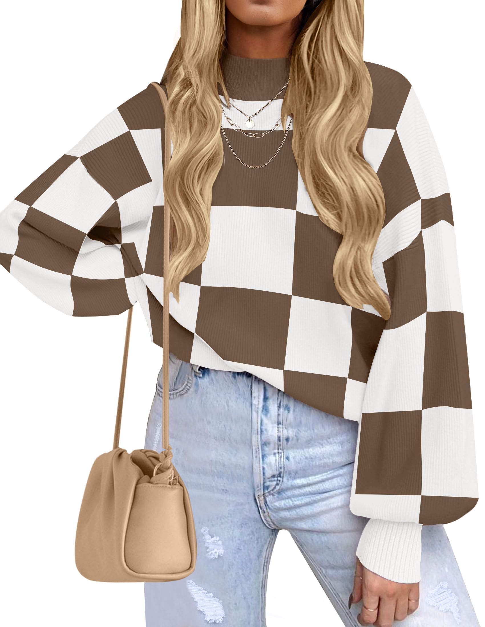 ZESICA Women's 2026 Fall Striped Pullover Sweaters Tops Fashion Outfits | Checkered, Mock Neck, Oversized, Trendy Casual Loose Fit, Cute, Chunky Cozy Holiday Winter Clothes