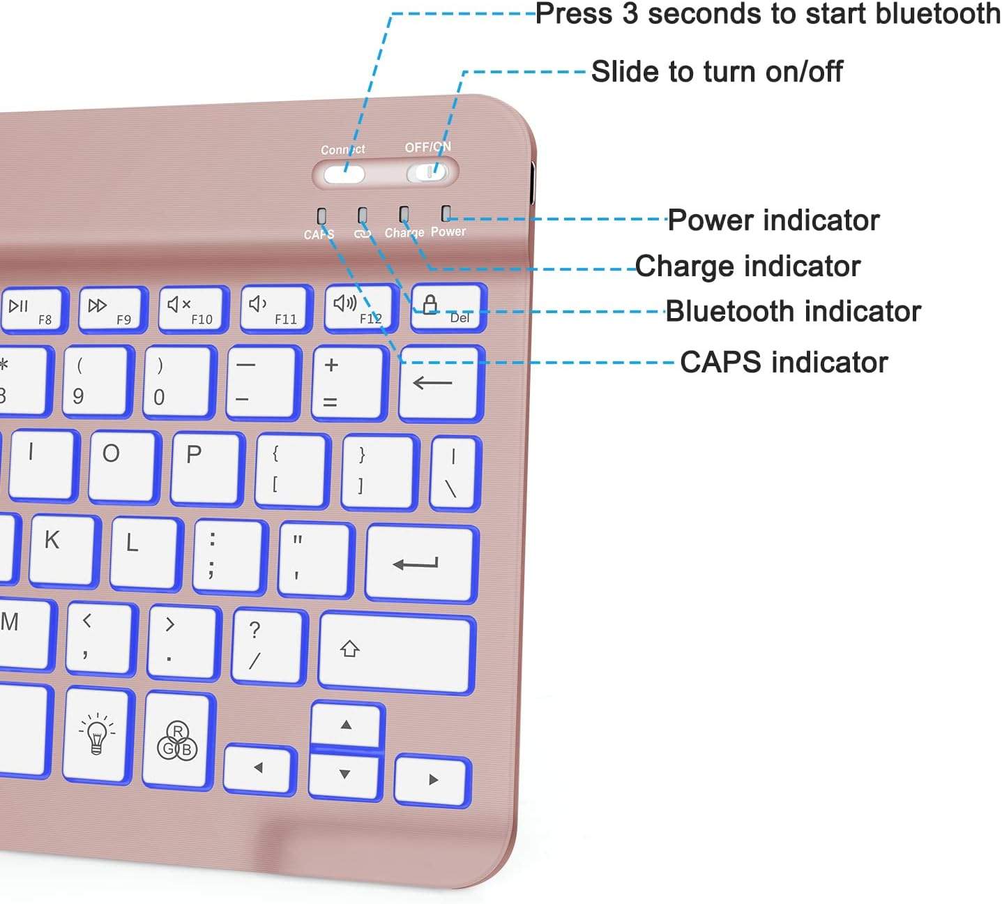 OMOTON Bluetooth Keyboard, Wireless Rechargeable Keyboard for iPad, iPad Pro, iPad Mini, iPad Air with Illuminated LED (Rose Gold)