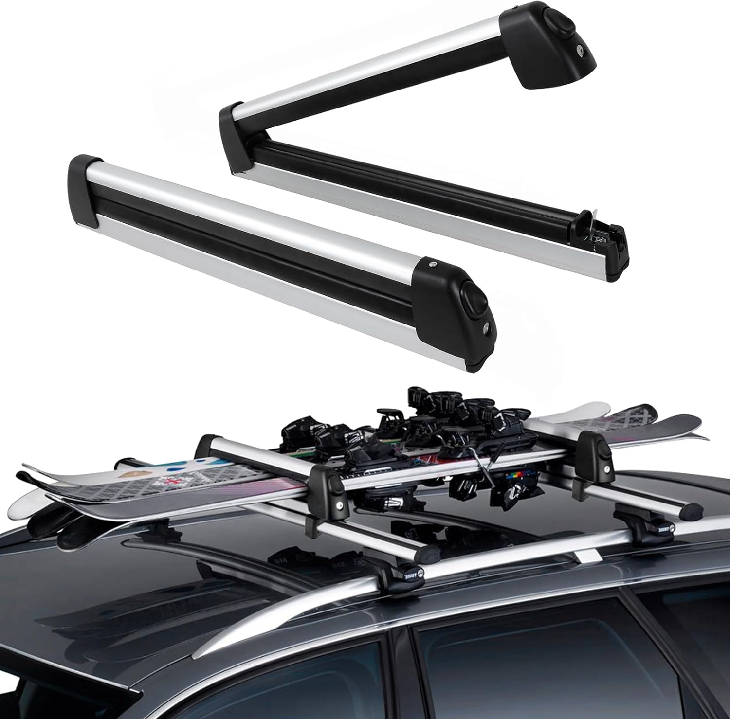 2PCS Universal Ski and Snowboard Roof Rack 31" Aluminum Ski Rack for Car Roof with Sliding Extension Carries 6 Pairs Skis or 4 Snowboards Lockable Fit for Most Cars SUV Truck Equipped Cross Bars