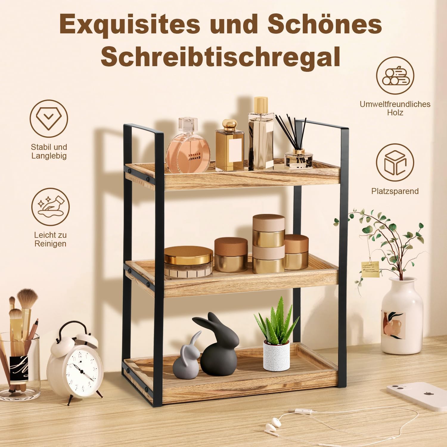 Étagère de rangement imperméable à 3 étages en bois - Brûlage facile - Étagère de salle de bain - Étagère de cuisine en métal - 33 x 17 x 43 cm - Pour salle de bain, cuisine, buanderie