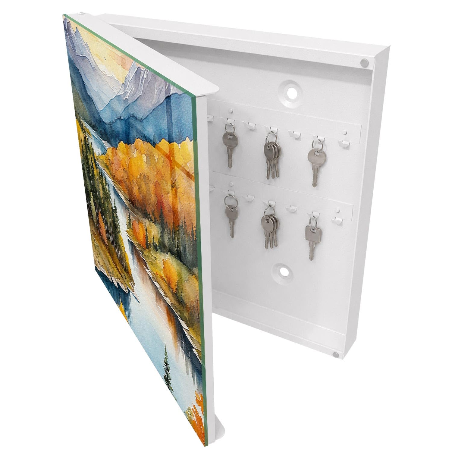 Armadietto Portachiavi 30x30 cm | Bianco | A Sinistra | Montaggio a Parete | Montagna dell'Autunno | in Metallo | Tasselli e Viti Inclusi | Frontale Decorativo in Vetro Temperato | per Uffici