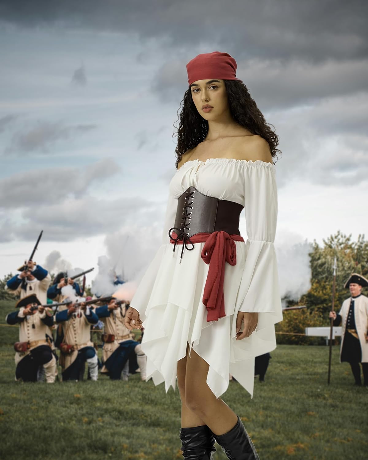 Women's Pirate Costume Set: Off Shoulder Renaissance Dress & Elastic Corset Cosplay, Pirate Festival Outfit - Image 7