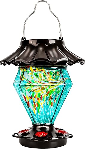 LUJII Alimentador solar para colibríes que cambia de color para colgar en exteriores, vidrio soplado a mano con forma de diamante, 35 onzas