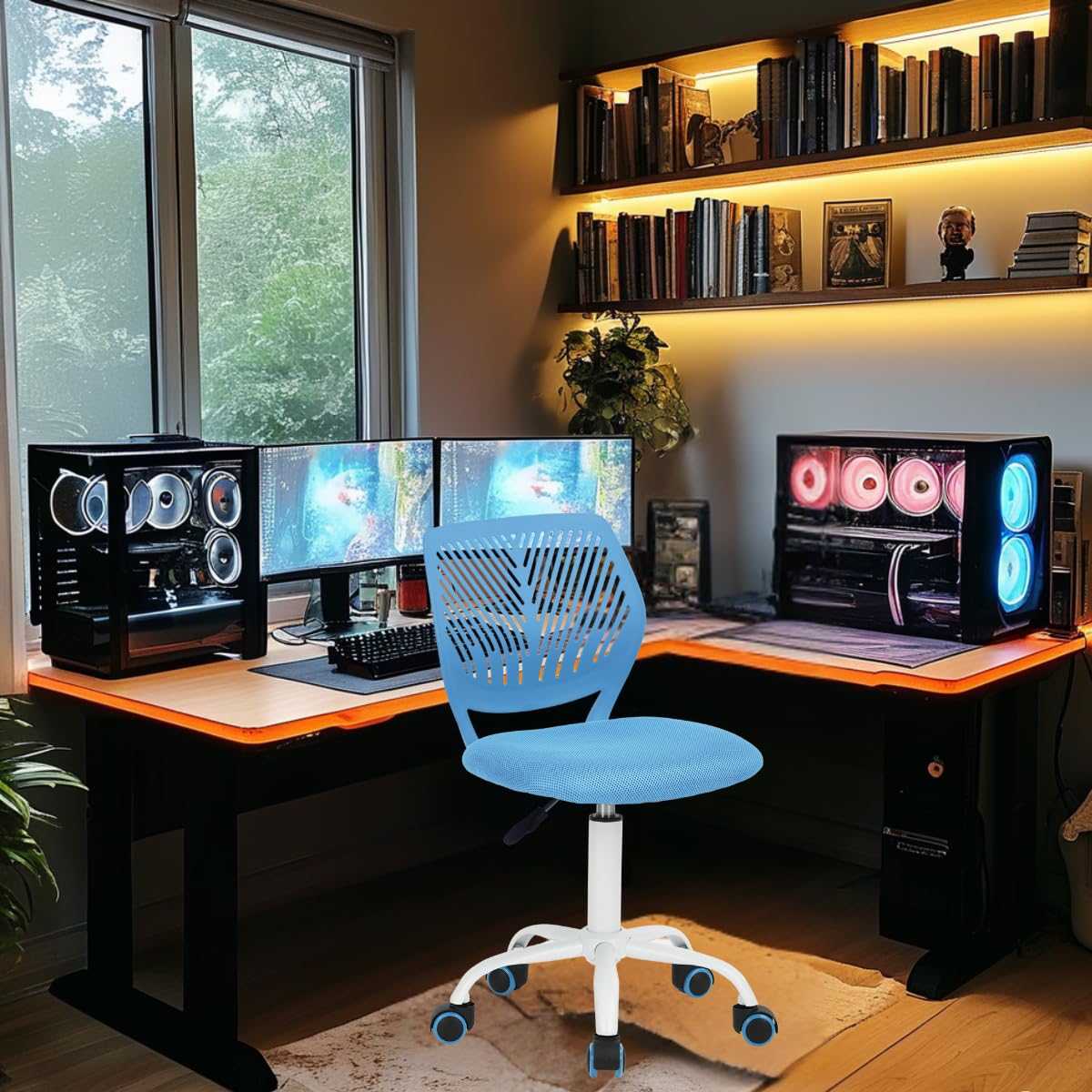 FurnitureR Silla de Trabajo para Adolescentes y niñas, giratoria de 360 Grados, Baja y Media de Malla de Polipropileno, Asiento Trasero de Tela, Altura Ajustable, Ruedas rodantes, Tela Azul