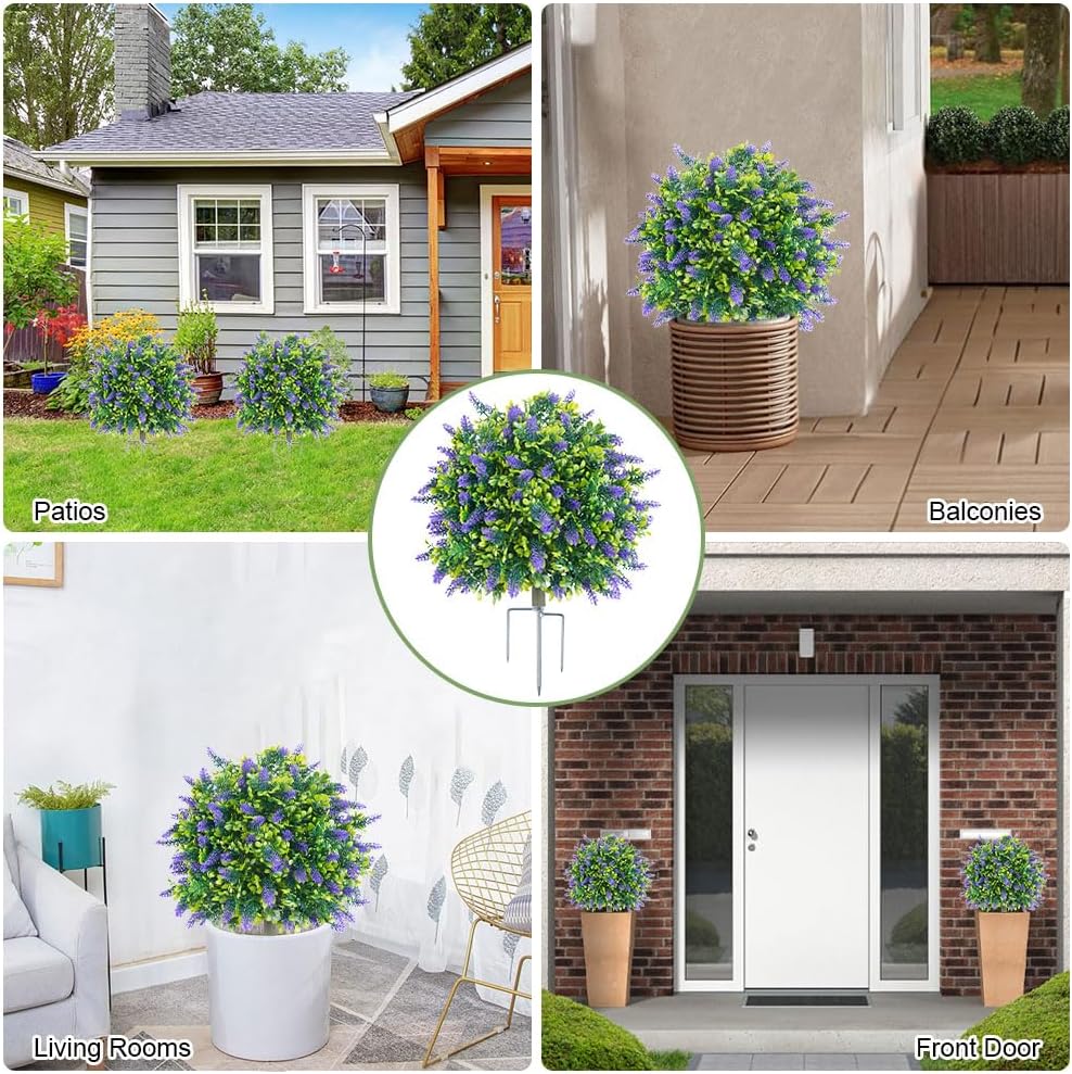 UV Resistant Artificial Boxwood Topiary Trees with Lavender for Outdoors, 24" Artificial Lavender Topiary Ball Tree with Ground Spike,Fake Shrubs Bushes Faux Plants for Front Porch Garden (1, B)
