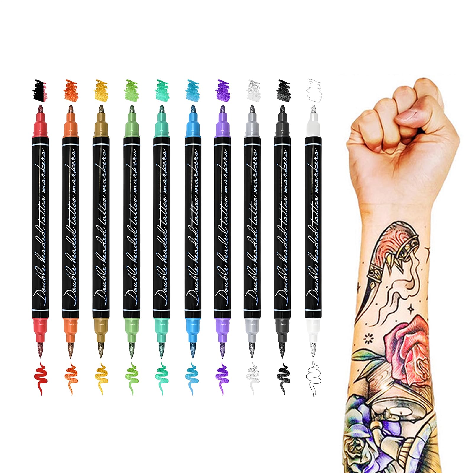 Pennarelli per tatuaggi temporanei sulla pelle in 10 colori, pennarelli per tatuaggi per il corpo a doppia punta per pittura per il corpo, kit per pittura del viso all'henné di grad per bambini