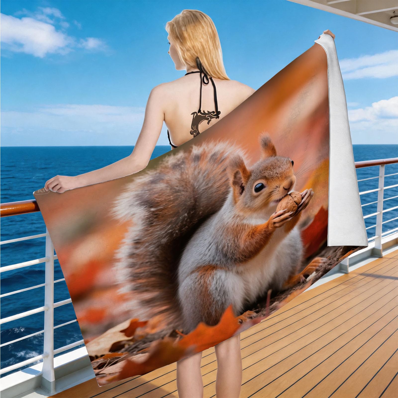 Hongduo Microfiber Quick Dry Beach Towel Squirrel, 3D Falling Leaves Beach Towels Absorbent Fast Drying Bath Towels, Travel Camping Gym Swimming Bathroom (90x180cm)
