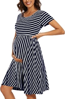 WOOXIO Women's Short Sleeve Maternity Dress Patchwork Pregnancy Clothes with Pockets, Navy Stripe, Medium Price In India