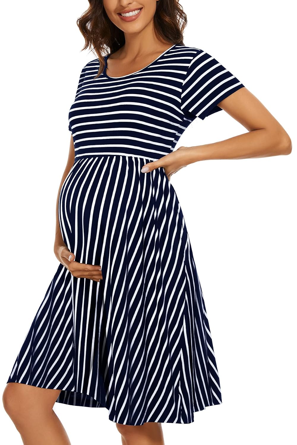 WOOXIO Women's Short Sleeve Maternity Dress Patchwork Pregnancy Clothes with Pockets, Navy Stripe, Medium
