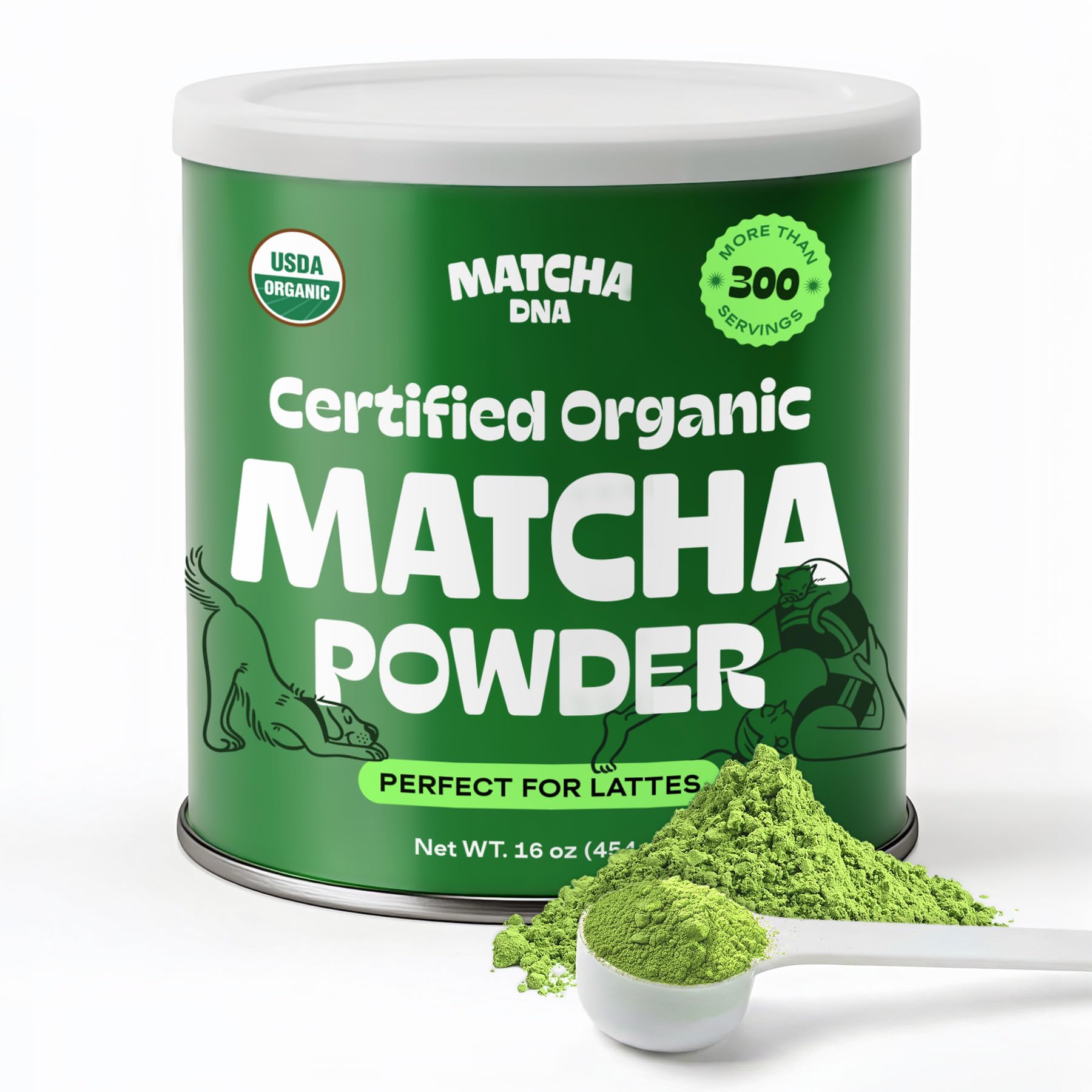 Matcha DNA Organic Matcha Powder - XXL 16oz TIN – Matcha Green Tea - USDA Organic Gluten-Free Vegan, Unsweetened No Additives - Everyday Green Macha Powder Tea for Lattes, Smoothies, Baking & Recipes