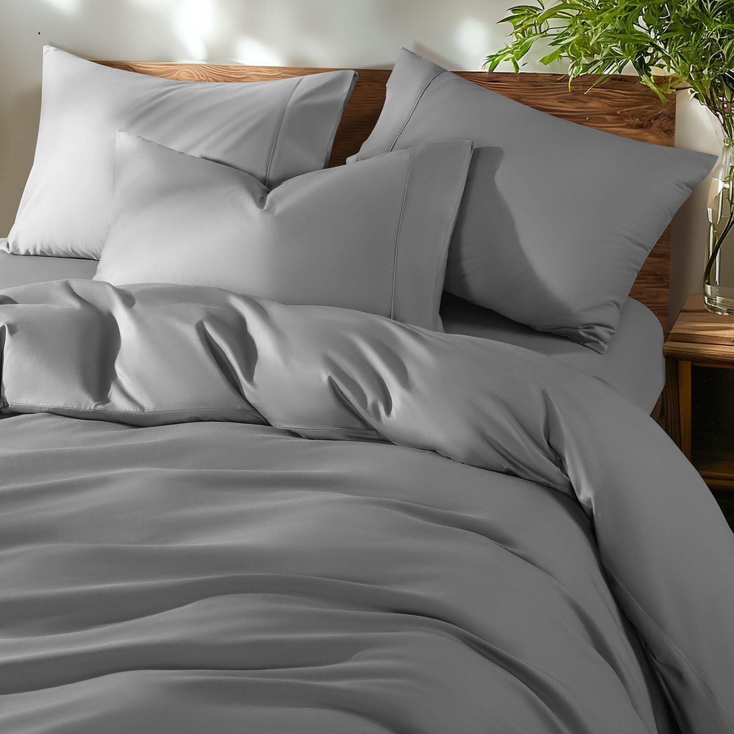 Shilucheng 100% Cotton California King Size Duvet Covers - 600 Thread Count, Luxury Sateen Weave Egyptian Cotton Comforter Cover with Zipper Closure，Hotel Bedding Duvet Covers 3 Piece (Grey)