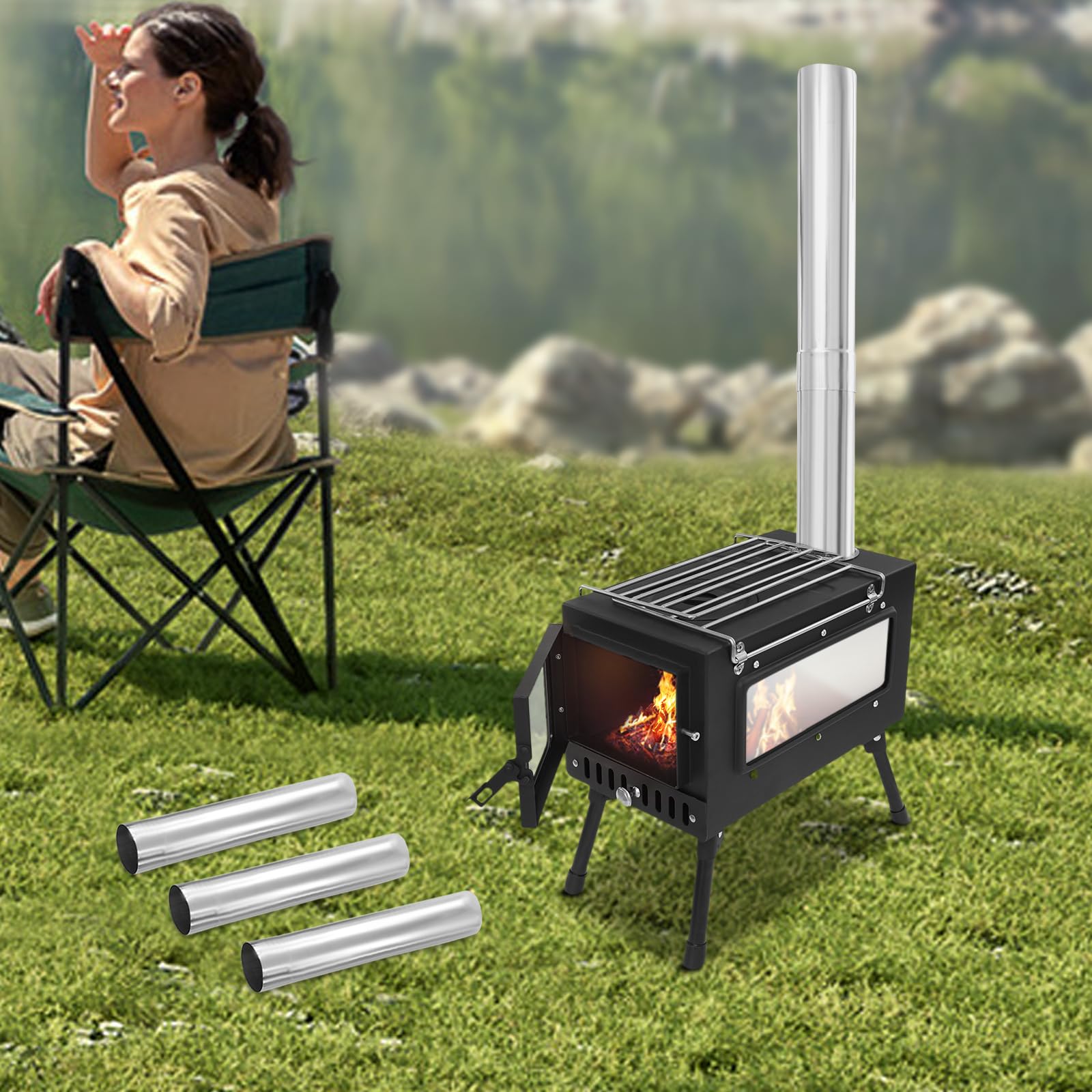 Forno a tenda da campeggio, pieghevole, a legna, portatile, con 5 tubi per canna fumaria e contenitore per raccolta cenere, per campeggio in tenda, riscaldamento all'aperto, pesca sul ghiaccio, caccia
