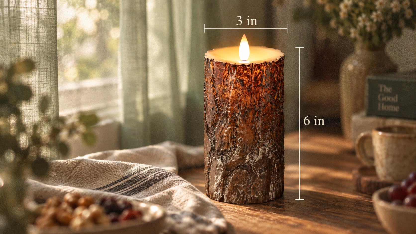 Wiederaufladbare flammenlose Stumpenkerze mit Fernbedienung, 3D-bewegliche Flamme, Echtwachs-LED-Stumpenkerzen (Kiefer, 7,6 x 15,2 cm)