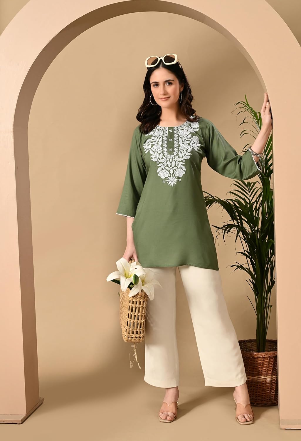 Kurti for Women - Short Chikankari Kurtis for Girls, Lakhnawi Tunic Top Kurta Design for Ladies, Woman Ethnic Kurthi - Image 4