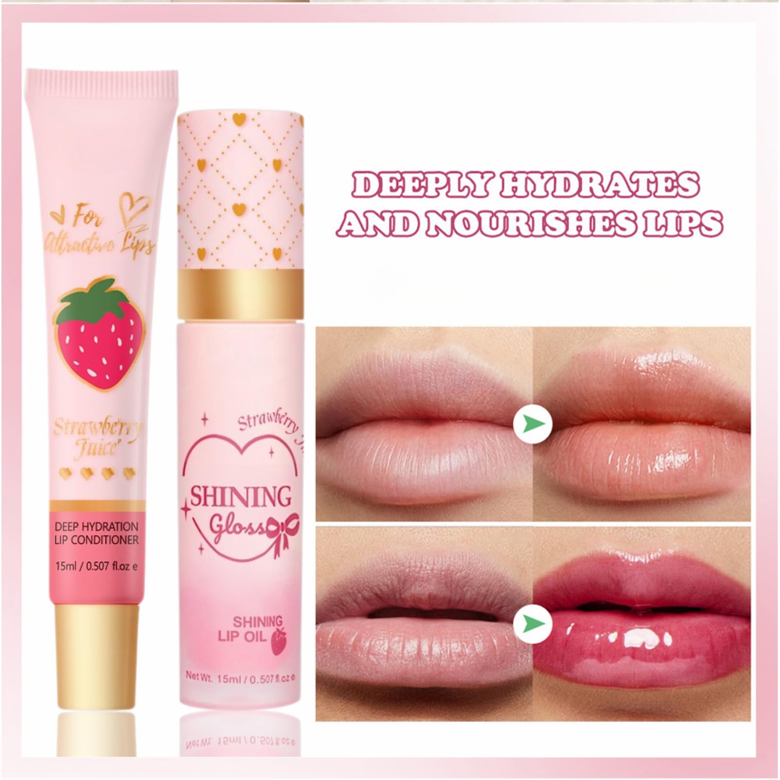 Lip Conditioner & Lip Oil Set, Strawberry Lip Gloss, Hydrating Lip Oil & Lip Balm Duo - Image 2