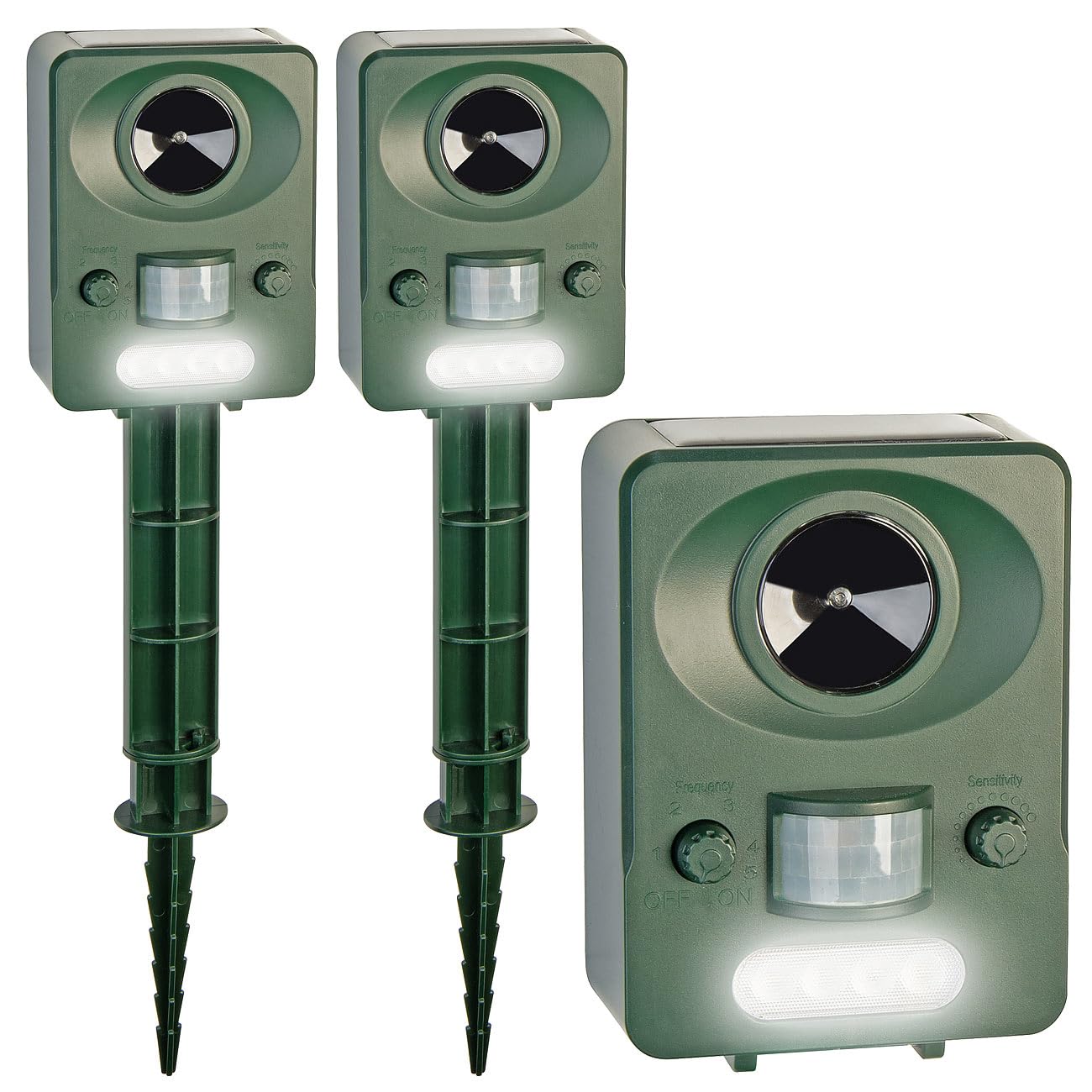 Exbuster repellente per gatti: Set di 2 Repellente per animali a ultrasuoni solare USB, Pannello solare, Batteria (rilevatore di movimento acustico, dispositivo animali, mouse)