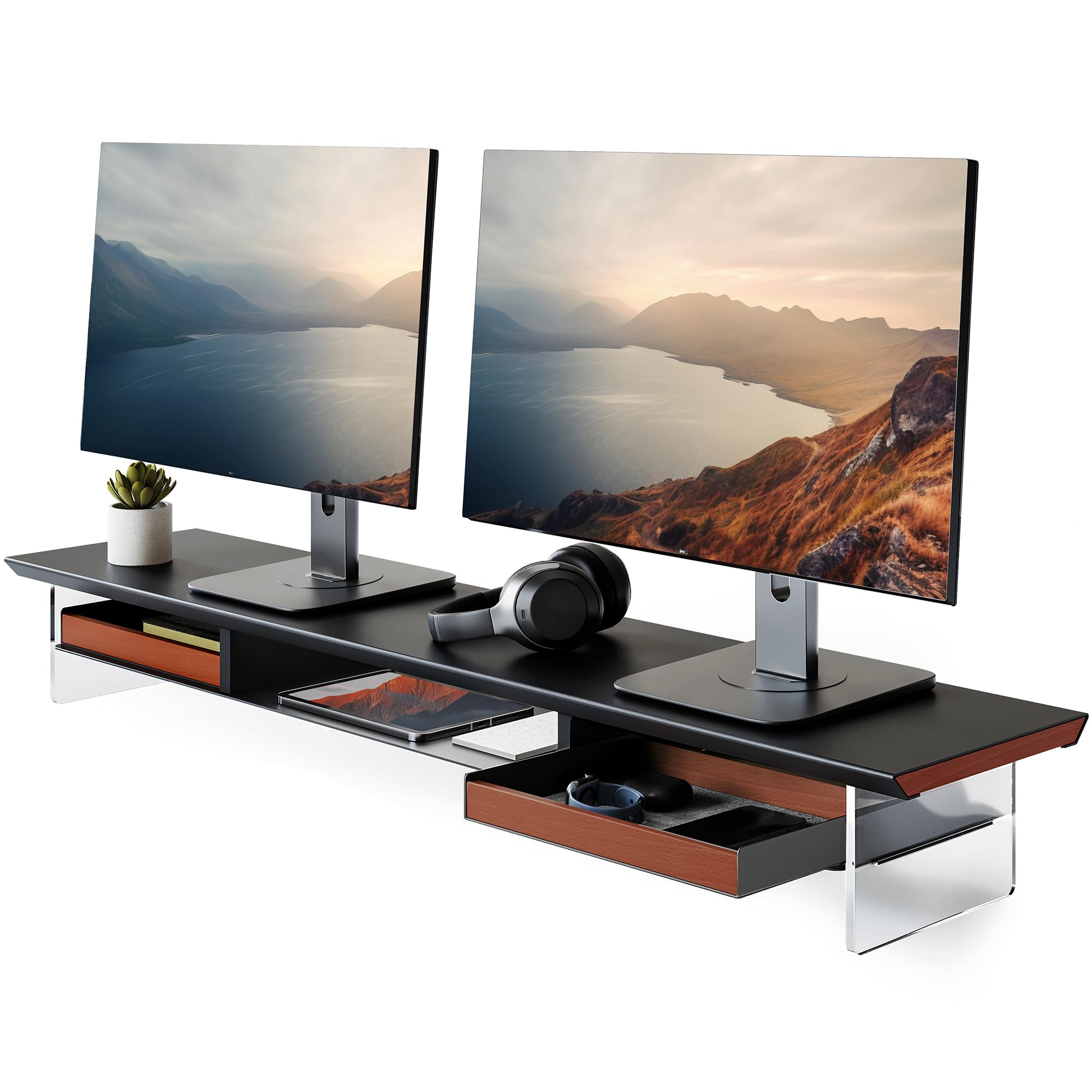 Fenge Supporto Monitor Scrivania Acrilico, 108 x 23 x 12,9 cm, Rialzo 2 Monitor 27 Pollici e 35kg, con Cassetti in Legno Massello, Organizer, Porta PC per Computer, Laptop, Stampante TV (Nero)