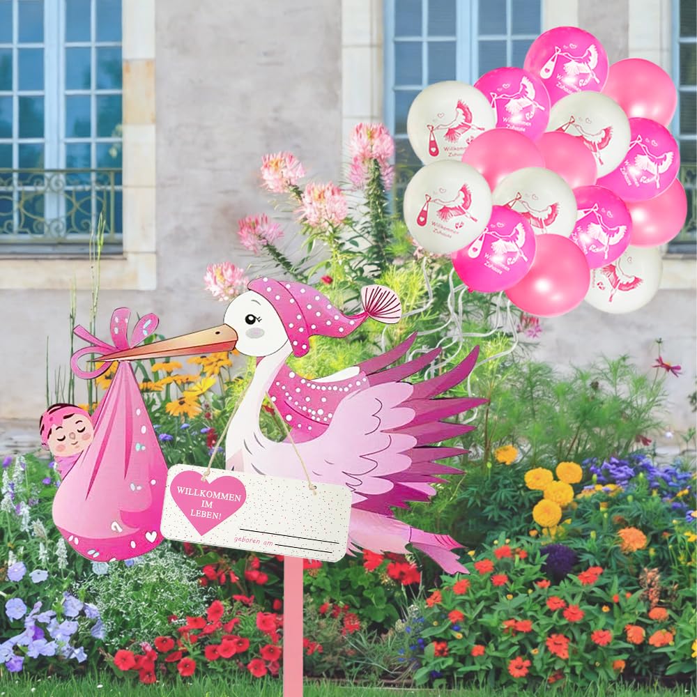 HuaMuDM Klapperstorch Set zur Geburt Baby,81 cm hoch Babystorch,15Pcs Neugeborene Balloon, Geburt Babystorch für Draußen,Holzstorch Zur Geburt, Großer Storch aus Holz