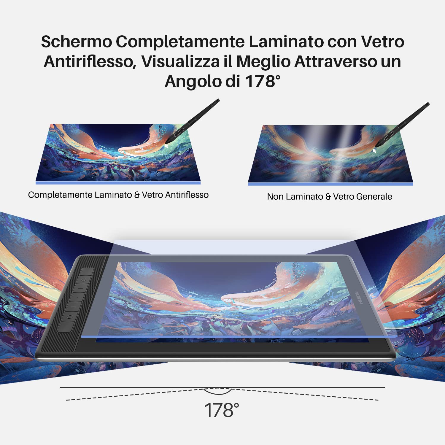 HUION Kamvas Pro 13 2.5K Tavoletta Grafica con Schermo, Schermo Full-Laminato da 13,3 Pollici, 145% sRGB Vetro Antiriflesso Tavoletta Display, con Penna Digitale Senza Batteria e Pennini in Feltro | QLED Full Lamination, 99% Adobe RGB, PW517, stilo senza