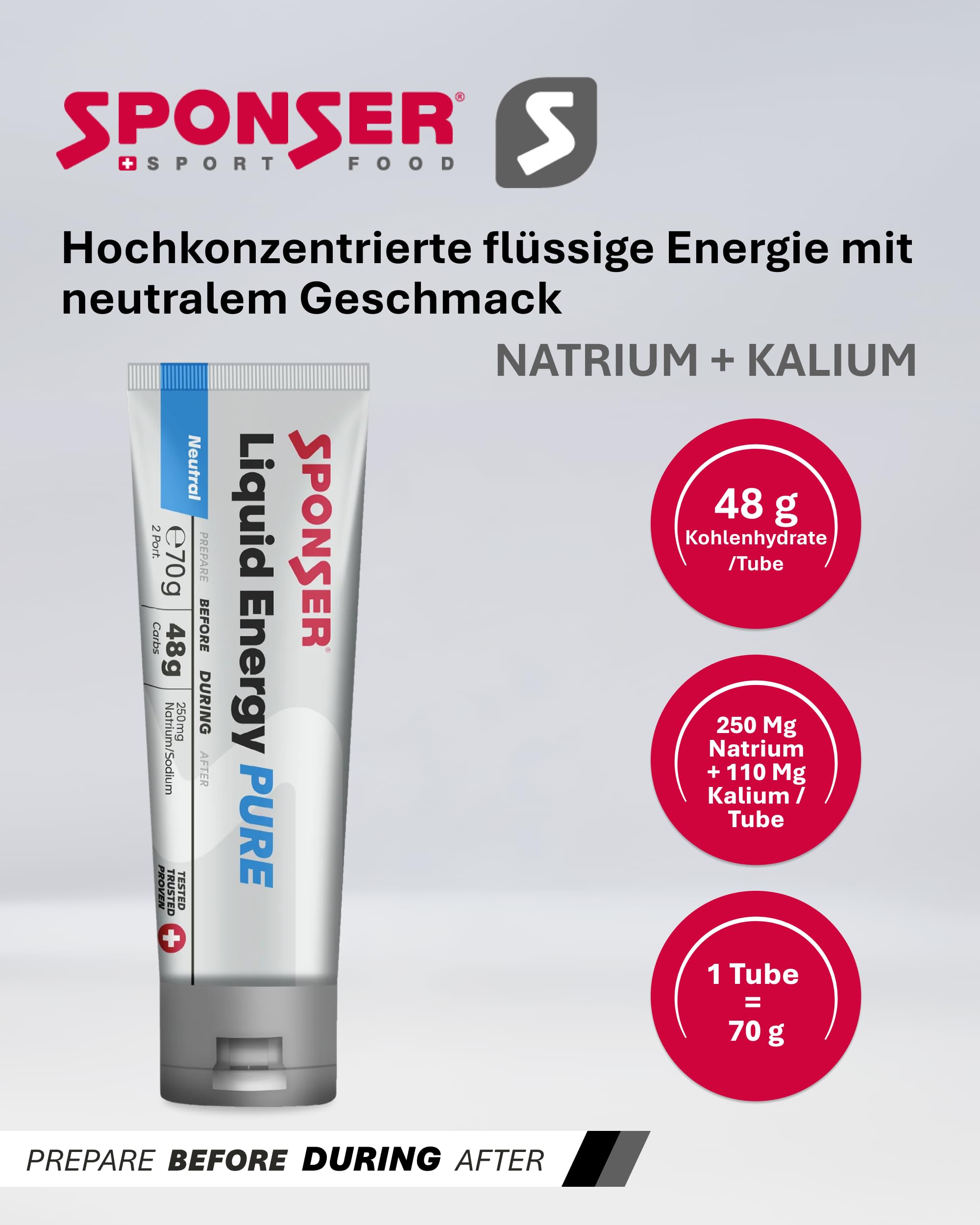 SPONSER Liquid Energy Pure - Kohlenhydrat-Gel ohne Koffein - Neutral | High Carb Energiegel für Ausdauer, Laufen, Radsport - Natrium & Kalium - Vegan, Glutenfrei & Laktosefrei - 70 g Tube