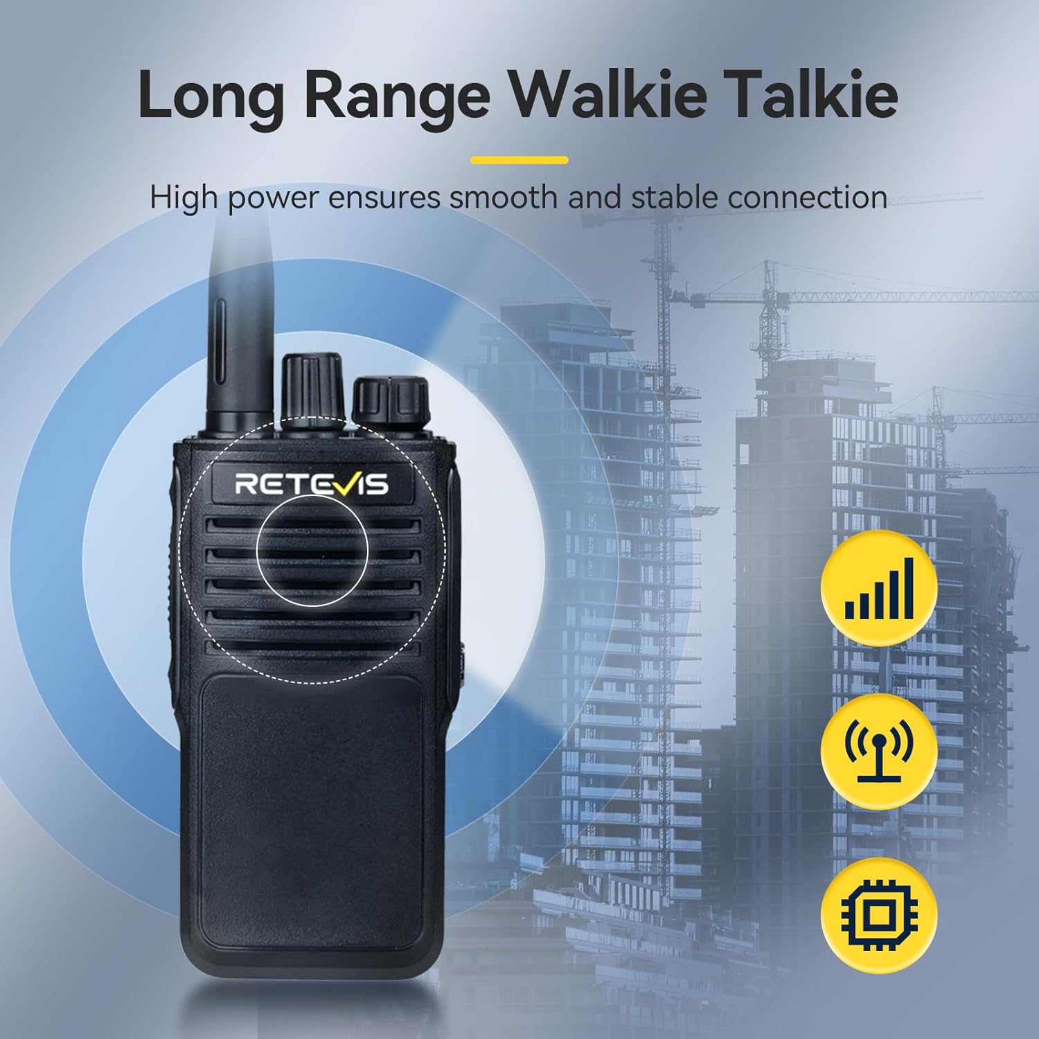Retevis P62 walkie talkie with signal waves extending over a city skyline, indicating long-range communication capability.