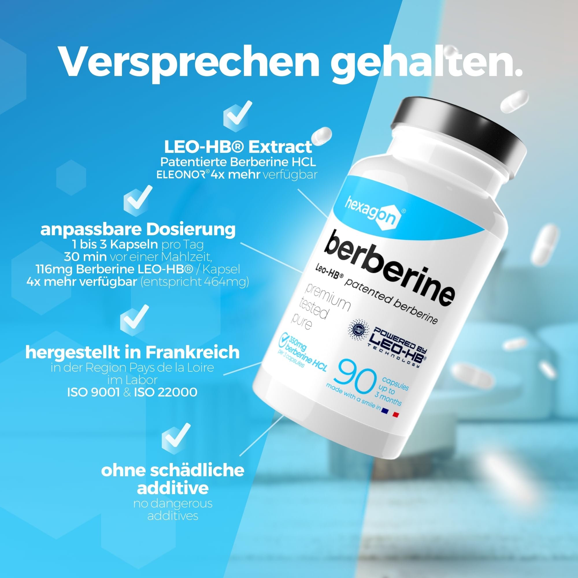 BERBERIN - LEO-HB® Patentiert, 4x höhere Bioverfügbarkeit - Bis zu 3 Monate Kur - Berberin HCL - Berberis Aristata - Stoffwechsel & Blutzucker - Made in Frankreich - 90 Kapseln - Hexagon