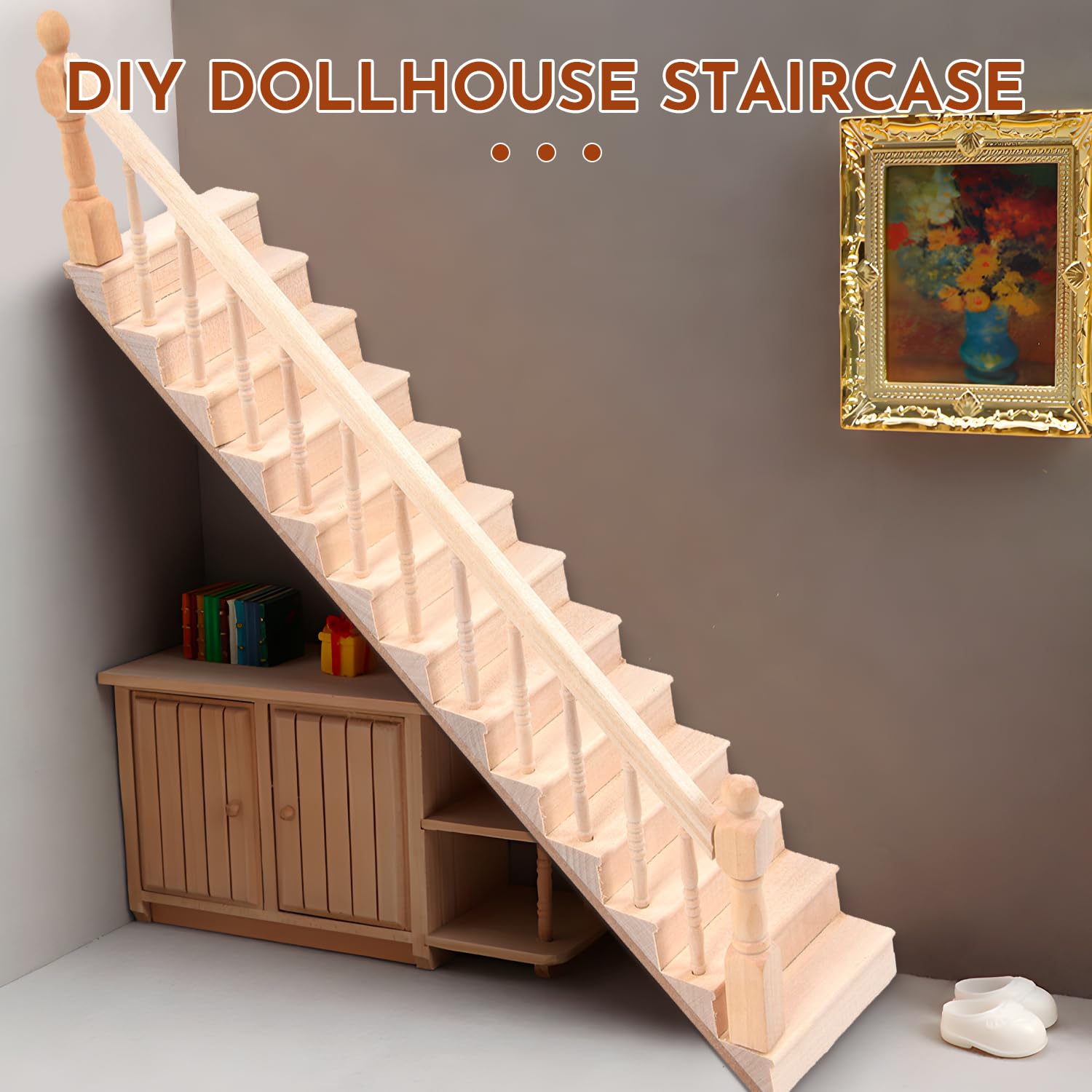 Escaleras en Miniatura de Madera, 1:12 Escala Modelo de Escalones de Madera Escalero para Casa de Muñecas con Barandilla para Decoraciones de Micropaisajes (Derecha)